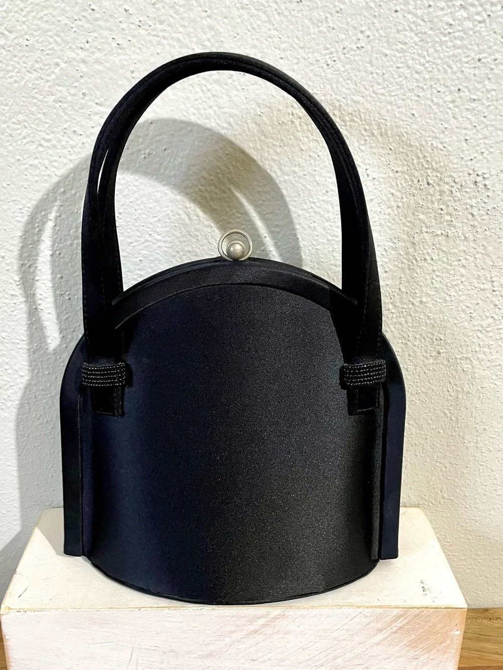La Regale Black Satin Evening Top Handle Bag Clutch Formal Purse Vintage Handbag